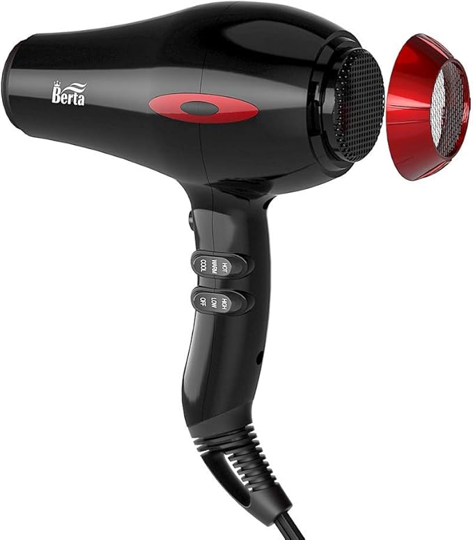 BERTA 1875W Professional Salon Hair Dryer Negative Ionic Blow Dryer 2 Speed 3 Heat Settings Cool Button with AC Motor Concentrator Nozzle &amp Diffuser &amp Comb