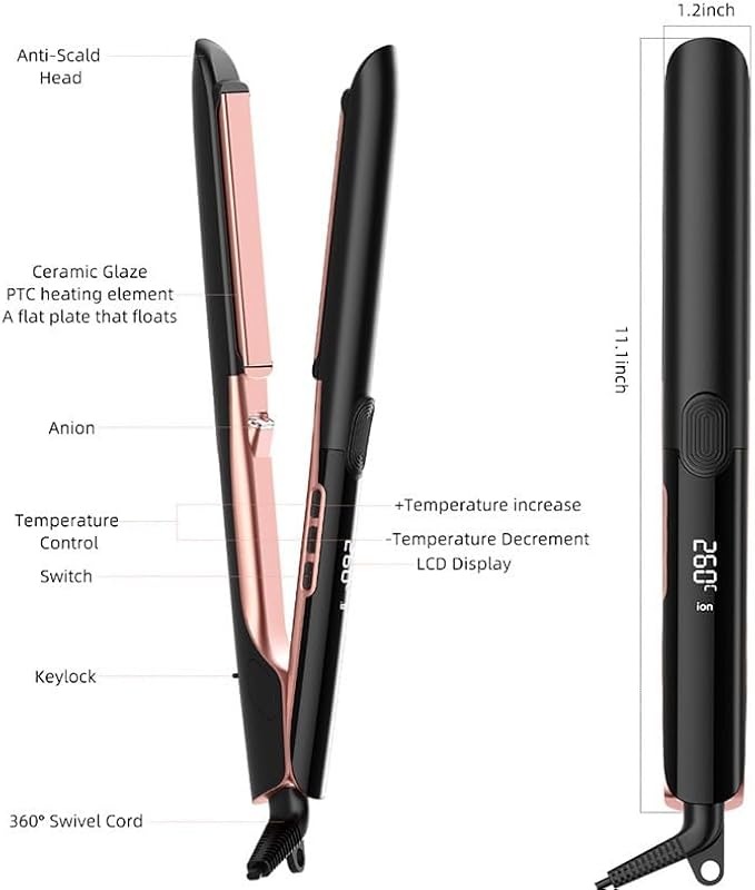 2-in-1 Digital Hair Straightener &amp Curler – Negative Ionic Flat Iron with LED Display 6 Adjustable Temp Settings up to 260°F Ceramic Floating Plates Auto Shut-Off Dual Voltage for Travel