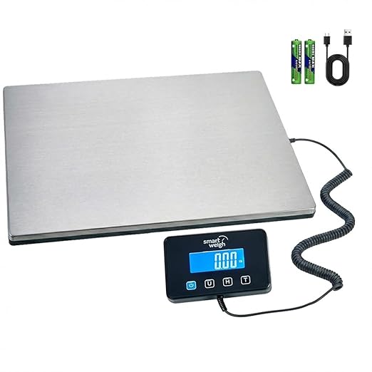 Smart Weigh Digital Postal Shipping Scale Heavy Duty Wide Platform 440 lb Capacity 2 oz Readability Hold &amp Tare Function Includes Batteries &amp USB-C
