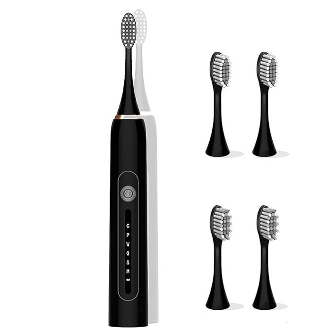 Sonic Electric Toothbrush Low Noise Designed Ideal for Adults Kids 6 Optional Modes IPX7 USB Fast Charging Electric Ultrasonic Toothbrush with 2 min Build in Timer &amp 4 Replacement Brush Heads (Bl