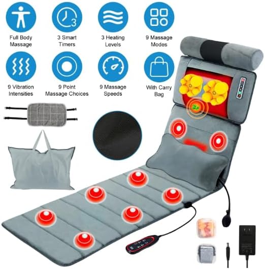 Full Body Electric Massage Mat with Heat Vibration Pad Cushion Back Massager with Neck Pillow 10 Motors 3 Timers Anti-Slip