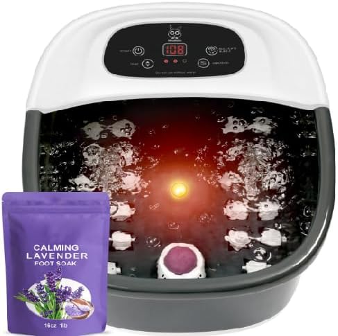 Foot Spa Bath Massager with Heat Bubbles Vibration &amp Jets Adjustable Temperature Foot Soaker with Red Light 22 Massage Rollers Includes 16 oz Lavender Epsom Salt Black
