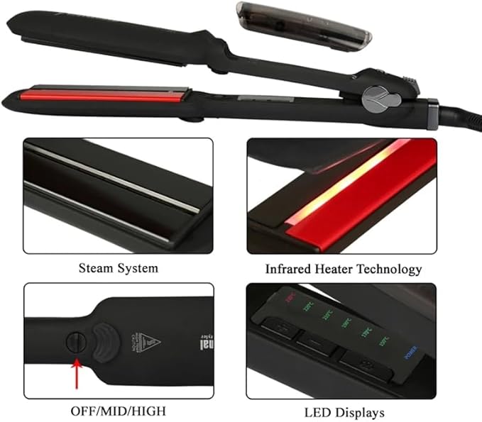 Professional Infrared Steam Hair Straightener 2 inch Tourmaline Ceramic Flat Iron Vapor Instant Heat Up with Adjustable Temperature Dual Voltage (Black)