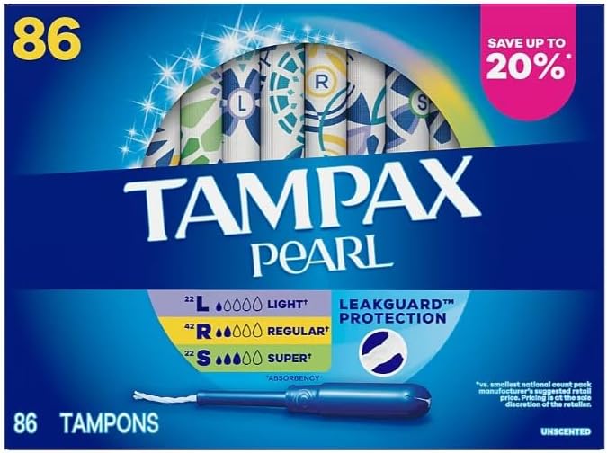 Tampax Pearl Tampons Multipack with LeakGuard Braid Light/Regular/Super Absorbency Unscented 86 ct.