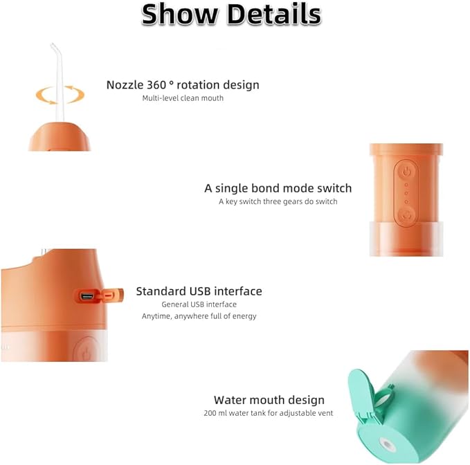 Portable Water Flossers for TeethTelescopic Travel Water Flosser Rechargeable 4 Nozzle OptionsIPX7 Waterproof (Orange)