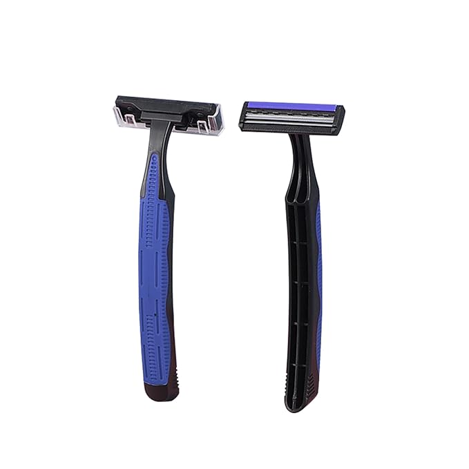 Individually Wrapped 3 Blades Razors Bulk Travel Size Disposable Manual Razors with Stainless Steel Blade (Blue) (100)