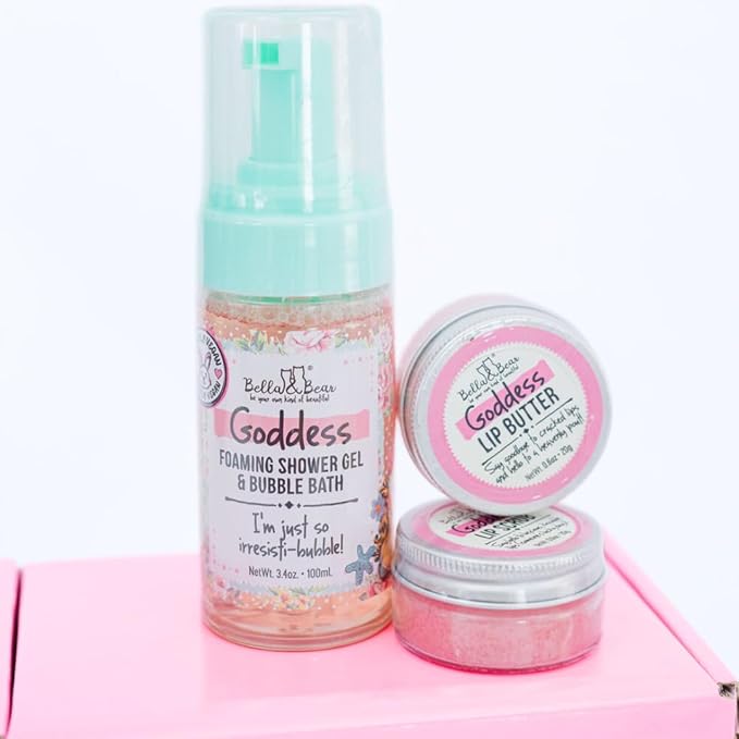 Bella &amp Bear Goddess Mini Bath &amp Body Gift Set with 2 in1 Foaming Shower Gel &amp Bubble Bath Lip Scrub Lip Butter - Gift - Teens - Tweens - Women