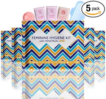 Menstrual Disc Kit with Pad - 5 Pack | Convenience on The Go | Period Kit Pack for Travelling Out of The House | Covers All Flows | Individually Wrapped Feminine Hygiene Care Products