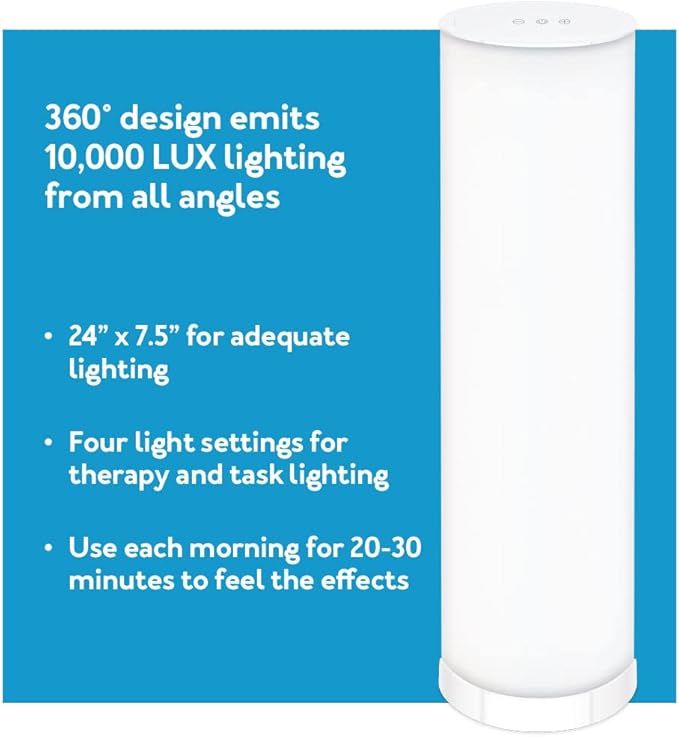 Light Therapy Lamp 24in 10000 LUX - LED Mood and Sunlight Lamp with 360 Degree Light Therapy to Fight Low Energy and Sunlight Deprivation for Home and Office Use White