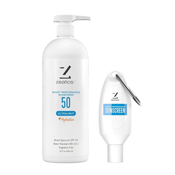 Zealios Sport Performance Ultralight SPF 50 Sunscreen +Hydration 32 oz Bottle Plus 2 oz Travel Bottle Broad Spectrum Water &amp Sweat Resistant (80 min) Non-Greasy for Swimming Running &amp Cyc