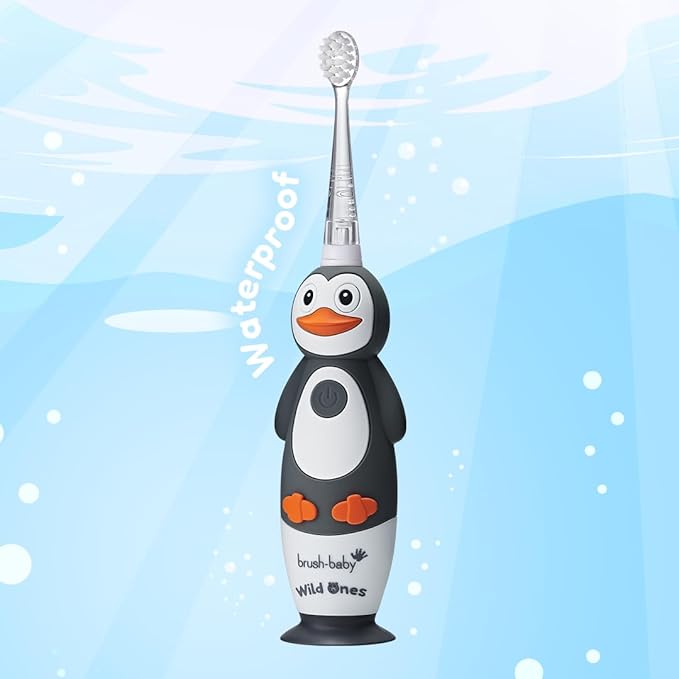 BrushBaby - WildOnes - Kids Rechargeable Electric Toothbrush Ages 0-10 - Penguin Design with Flashing Lights - DeepClean Bristles for Superior Cleaning - 2 Replacement Brush Heads 1 USB Cable