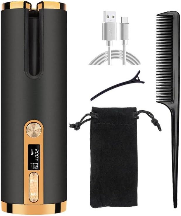 Automatic Curling Iron Hair Curling Iron for Hair Styling Cordless Auto Hair Curler with 6 Temps and Timers Auto Shut-Off Fast Heating Rechargeable Cordless Hair Curler (Black)