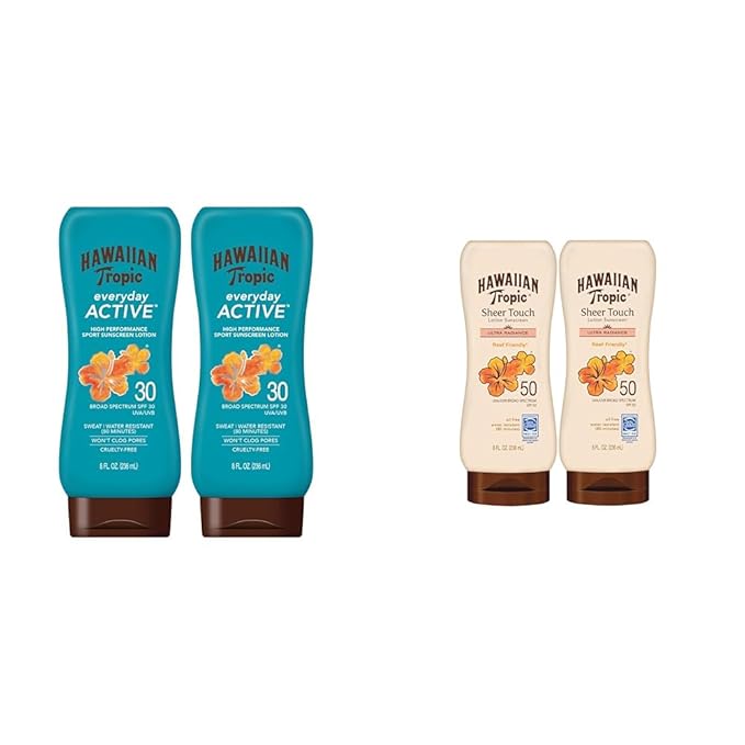 Hawaiian Tropic Everyday Active SPF 30 &amp Sheer Touch Ultra Radiance SPF 50 Sunscreen Lotions 8oz Twin Packs