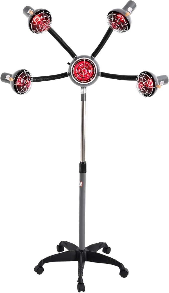 5 Head Infrared Heat Lamp 750W Infrared Heat Lamp Salon Red Lamp Salon Hair Steamer with 5 Universal Wheels Height Adjustable Red Light Portable Floor Hair Dryer for Barbershop Beauty Salon