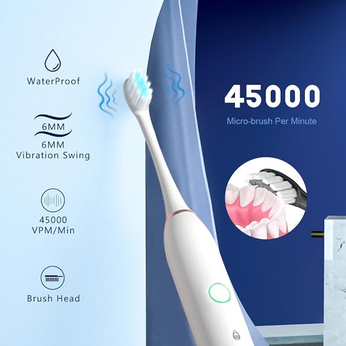 SENWEN 2 Pack Rechargeable Electric Toothbrush with 8 Brush Heads 6 Cleaning Modes Waterproof 2 Minute Timer Black&ampWhite