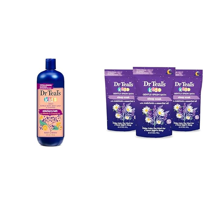 Dr Teal's Kids 3-in-1 Elderberry Bath: Bubble Bath Body Wash &amp Shampoo 20 fl oz. &amp Kids Gentle Epsom Salt Sleep Soak with Melatonin &amp Essential Oil Blend 2 lbs (Pack of 3)