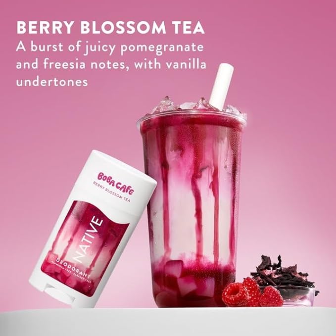 Native Aluminum Free Deodorant Limited Edition Berry Blossom Tea 72 Hour Odor Protection for Women and Men Boba Café 2.65oz with Travolle Dispenser Pump