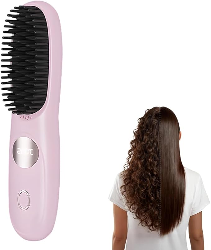 Go Brush 2026 New Cordless Portable Straightener Brush for Travel USB Rechargeable Hair Straightener Brushs with LED Display for Women (Pink)