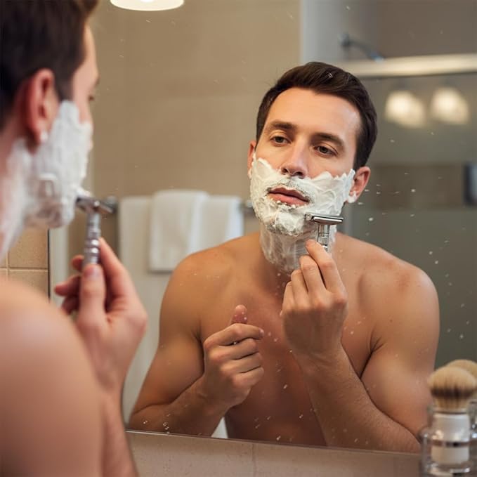 Adjustable double-edged safety razor with 10 platinum-plated stainless steel razor blades + optional stand + complimentary holster reusable razor smooth close shave (Silver)