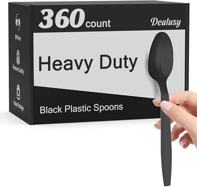 360 Count Black Plastic Spoons Disposable BPA-Free Heat Resistant Solid and Durable Disposable Spoons Heavy Duty Bulk Premium Spoons plastic disposable for Party Supply