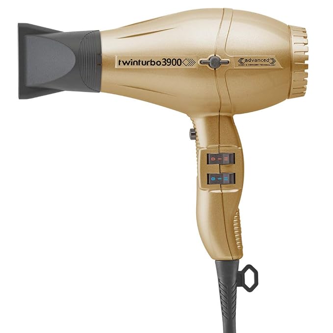 Turbo Power Twin Turbo 3900 Advanced Ionic &amp Ceramic Eco Friendly Gold Hair Dryer + M Hair Designs Hot Blow Attachment (Bundle) – Fast-Drying Frizz-Control Professional Hair Styling