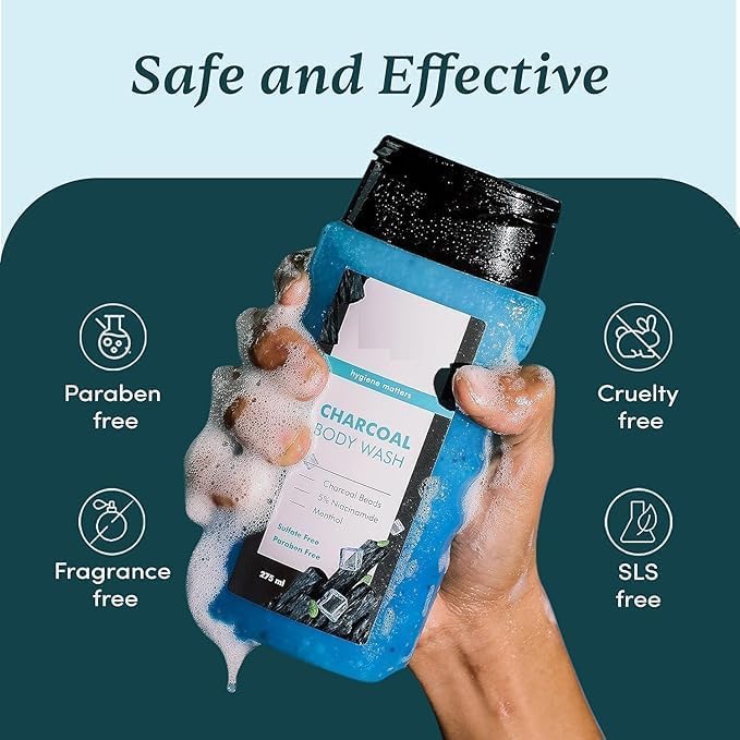MZ 3 in 1 Action Charcoal &amp Menthol Body Wash | With Menthol 5% Niacinamide &amp Activated Charcoal Beads | (250ml)