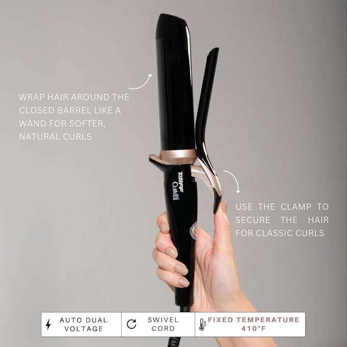 TAIFF Curves Professional Black Titanium Curling Iron – High-Performance Hair Curler &amp Rizadora para Cabello with Dual Voltage | Fixed Temperature 410°F | 1 1/2”