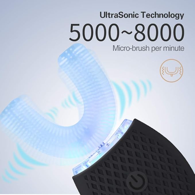 Ultrasonic Automatic Toothbrush Ultrasonic U-Shaped Toothbrushes for Adult 360° Mouth Cleaning Electric ToothBrush with Automatic Timer Wireless Charging Teethbrush Kit for Travel Or Home (Black)