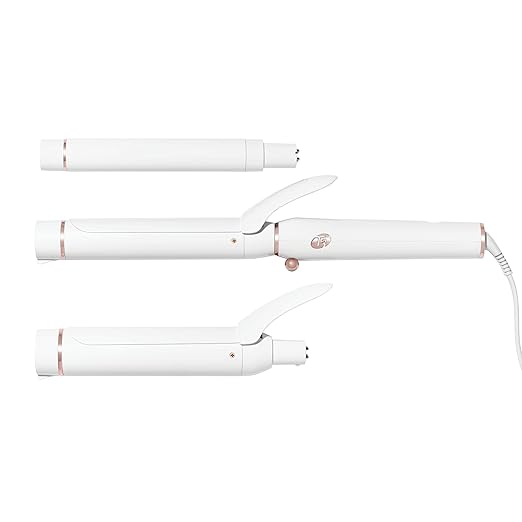 T3 Switch Kit Professional Ionic Interchangeable Curling Iron with 3 Ceramic Clip &amp Wand Long Barrels for Curling and Waving 9 Adjustable Heat Settings &amp Ion Generator White/Rose Gold