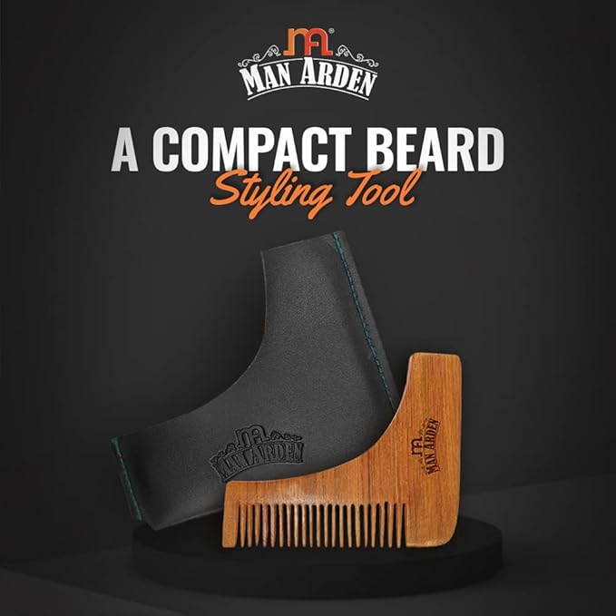 Man Arden Neem Wooden L Shaped Beard Comb with Rich Leather Pouch