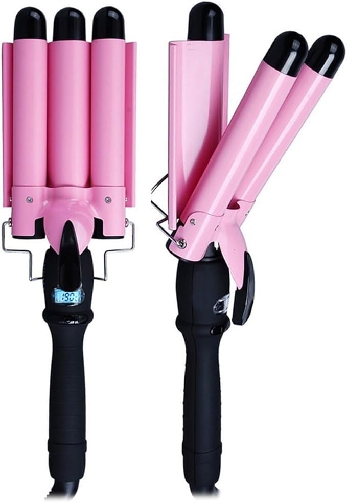 3 Barrels Hair Curler with LCD Display Ceramic Curling Iron Wand Hair Wavers Curling Tongs Beach Wave 80-210°C 14 Gear Temperature Control Pink (Size : 25mm)