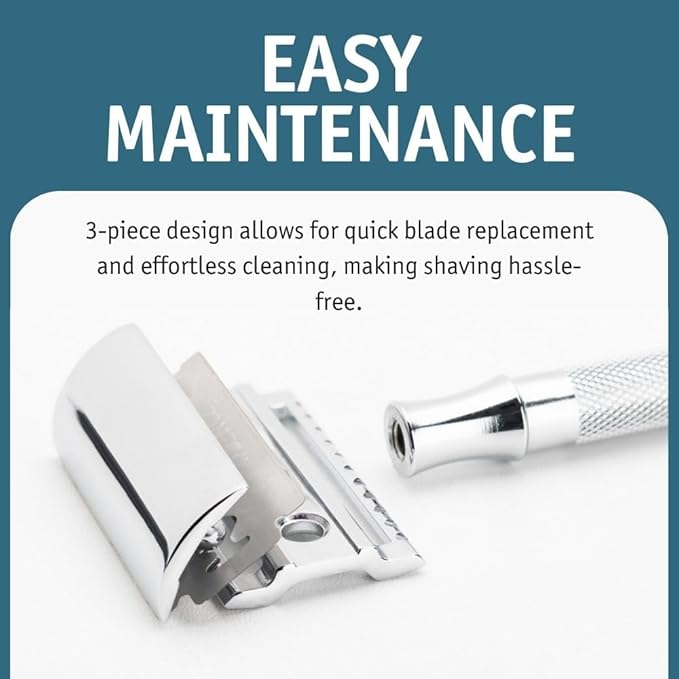 MERKUR 23C Double Edge Safety Razor - Polished Chrome Long Knurled Brass Handle Made in Germany Plastic-Free Three Piece Design Closed Comb Straight Bar