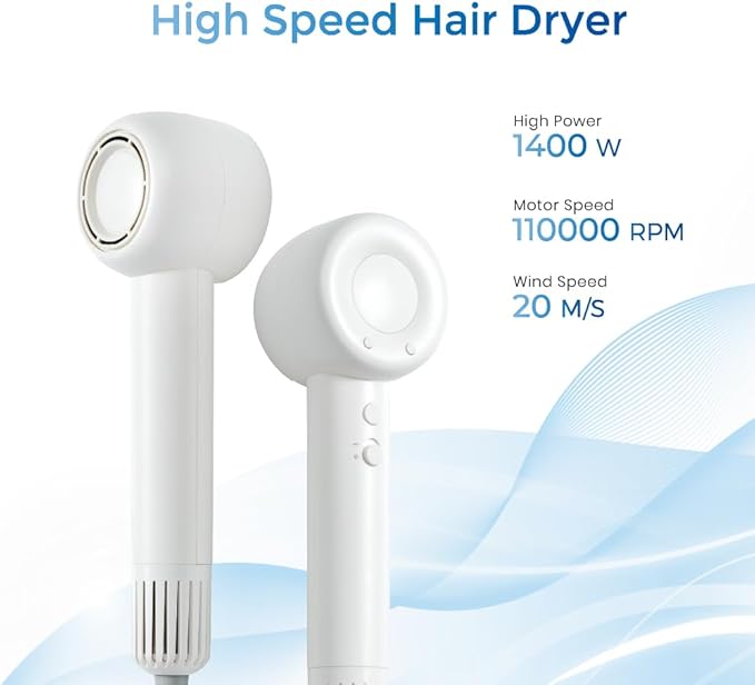 High-Speed Ionic Hair Dryer 1400W Brushless Motor 110000 RPM with Anti-Tangle Handle Lightweight 3 Speeds &amp 4 Heat Cold Shot Memory Magnetic Attachments for Home/Travel White