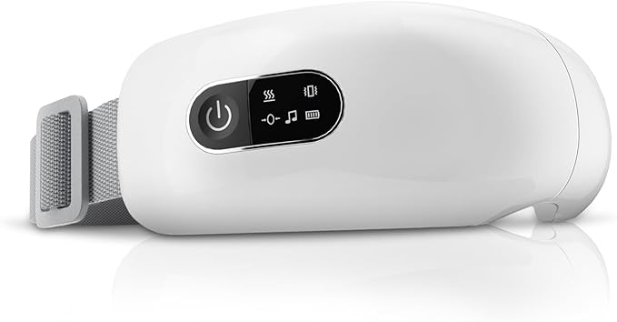 NOWWISH Eye Massager with Heat Vibration and Bluetooth Music for Migraine Headache Eye Strain Relief Heated Eye Mask with 4 Massage Modes Relaxation -Mothers Day Gifts for Mom Wife -White