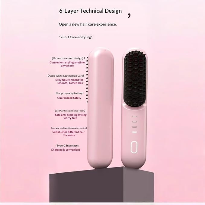 New Cordless Straightening Brush Fast Heating Ceramic Brush with 30s Fast Heat and 4 Temperature Settings Rechargeable Ionic &amp Ceramic Care (Beige)