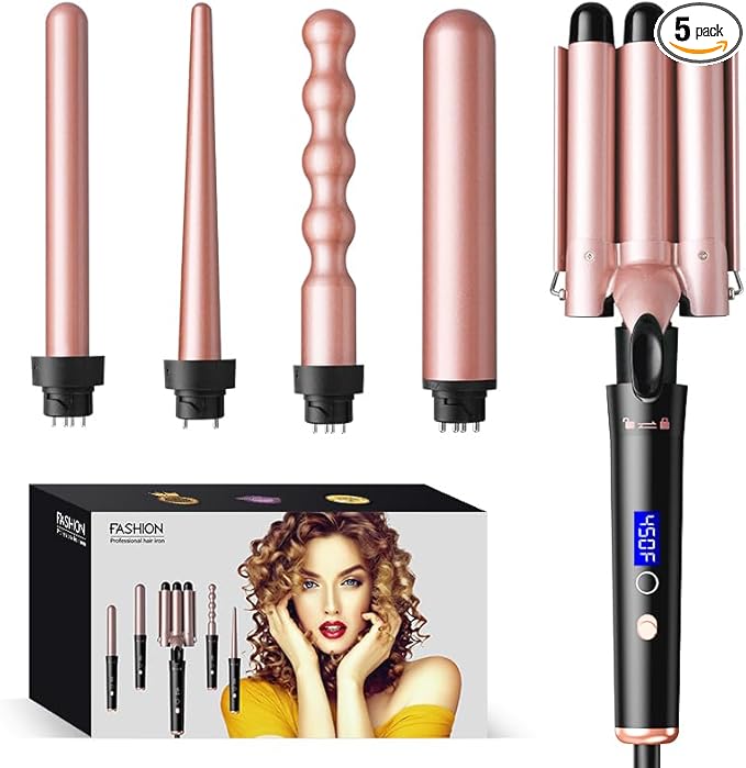 Bo'laiya 5 in 1 Curling Wand Set with Temperature Display Curling Iron Set with 5 Interchangeable Ceramic Curling Wands Instant Heat Up Suitable for All Hair Types (Rose Gold)