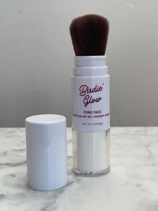 Birdie Glow Brush on SPF 50| Beach Essentials Zinc Oxide Mineral Sunscreen Powder SPF Face Sunblock Brush On Sun Screen Protector for Face and Body 0.20oz