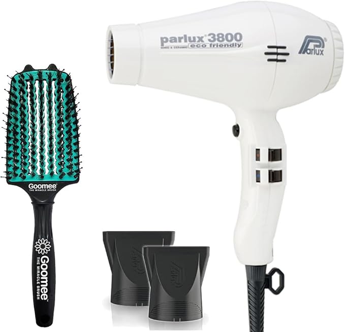 Parlux 3800 Eco Friendly Ionic and Ceramic White Hair Dryer and Miracle Large Detangling Brush Mint Green – Professional Blow Dryer and Dual Bristle Brush for Smooth Shiny Frizz-Free Hair