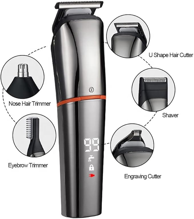 Professional Hair Clippers for Barber Hair Cutting Machine Men Nose Trimmer Electric Shaver 7 in 1 Beard Grooming Rechargeable Low Noise (Silver)