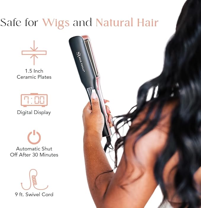 SR Heir Tools Ceramic Flat Iron 1.5 Inch Curl and Straighten with 1 Tool 480 Degree Ceramic Hair Straightener Safe for Wigs and Natural Hair (Black)