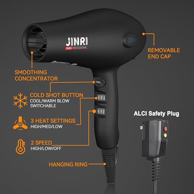 Blow Dryer - JINRI 1875W Diffuser Hair Dryer for Salon &amp Personal Use – Powerful Fast Drying with Diffuser and Comb &amp Nozzle for Women &amp Men ALCI Safety Plug Black