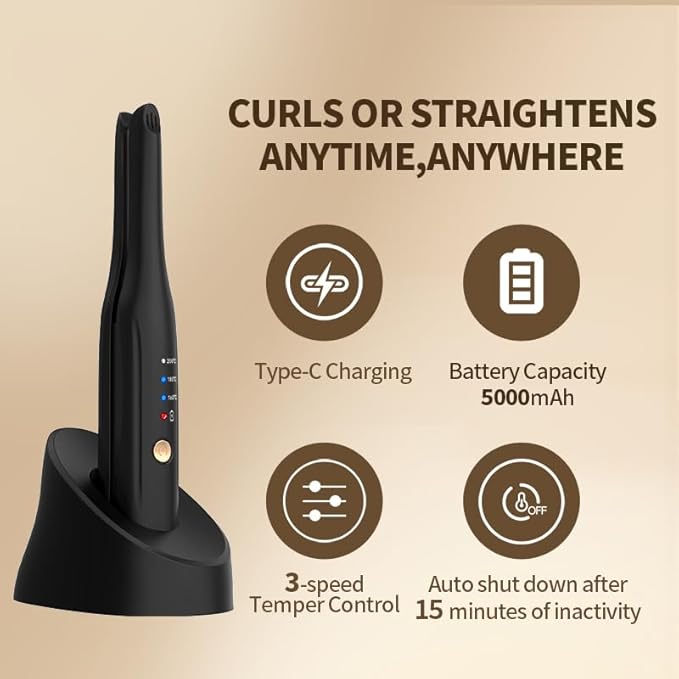Cordless Hair Straightener and Curler 2 in 1 Ceramic Flat Iron Mini Cordless Portable Travel Hot Tools Straight Curl for Women Men USB Rechargeable with Pouch for Fine to Thick Hair
