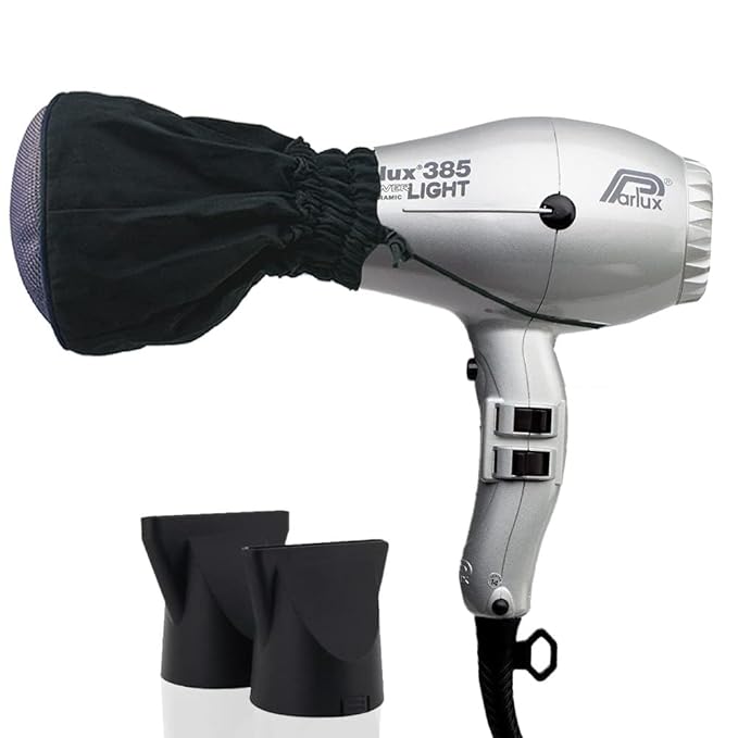 Parlux 385 Powerlight Ionic &amp Ceramic Silver Hair Dryer + M Hair Designs Metal Mesh Diffuser (Bundle) – Lightweight Fast-Drying Frizz-Control Blow Dryer for Salon-Quality Styling