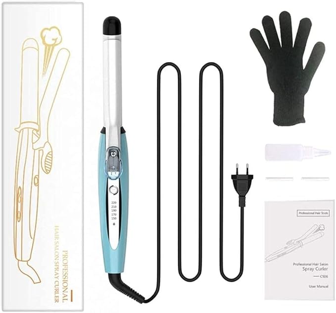 Portable Curling Bar 150-220℃ Curling Iron Adjustable for 60 Minutes Automatically Closing Curling Iron with Insulating Gloves-Blue for Hair Styling (Blue One Size)