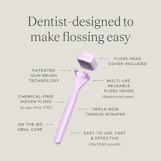 Slate Flosser Mini - Reusable Floss Pick with Gum Brush &amp Tongue Scraper Dentist-Invented PFAS/PTFE-Free Travel-Ready | Lilac &amp Mint Nano-Hydroxyapatite (nHa) Mini Flosser 2-Pack