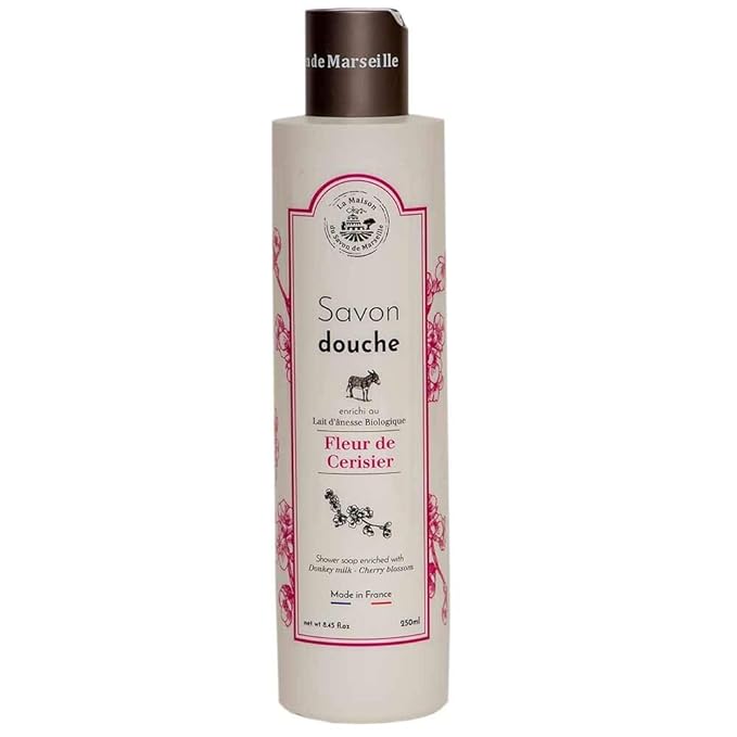 Savon de Marseille - French Body Gift Set for Women - Organic Cherry Blossom Shower Gel Cherry Blossom Shampoo Exfoliating Pink Shower Sponge - Suitable for All Skin Types