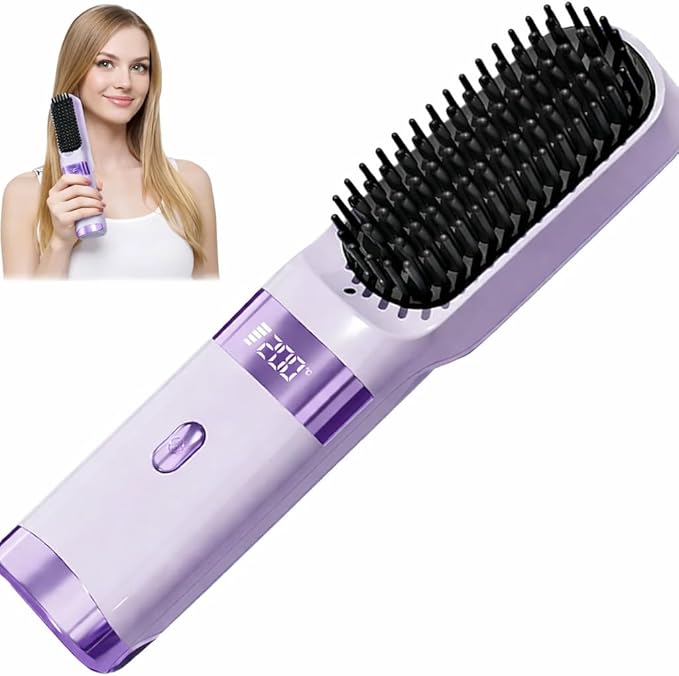 Cordless Hair Straightening Brush Portable USB Rechargeable Travel Straightener Comb with 30s Fast Heat LCD Display Dual Power Sources
