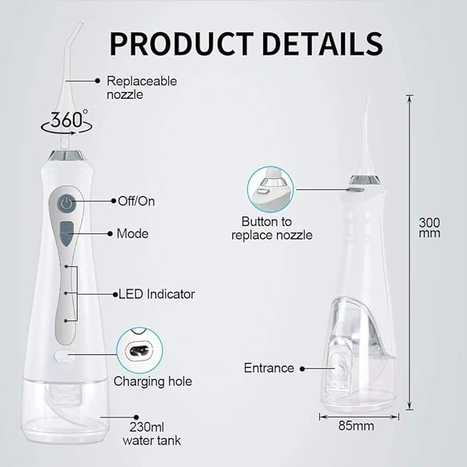 Water Flosser Cordless for Teeth 230ML Professional Dental Oral Irrigator Portable and Rechargeable IPX7 Waterproof Powerful Battery Life Teeth Cleaner for Home Travel Braces and Bridges Care