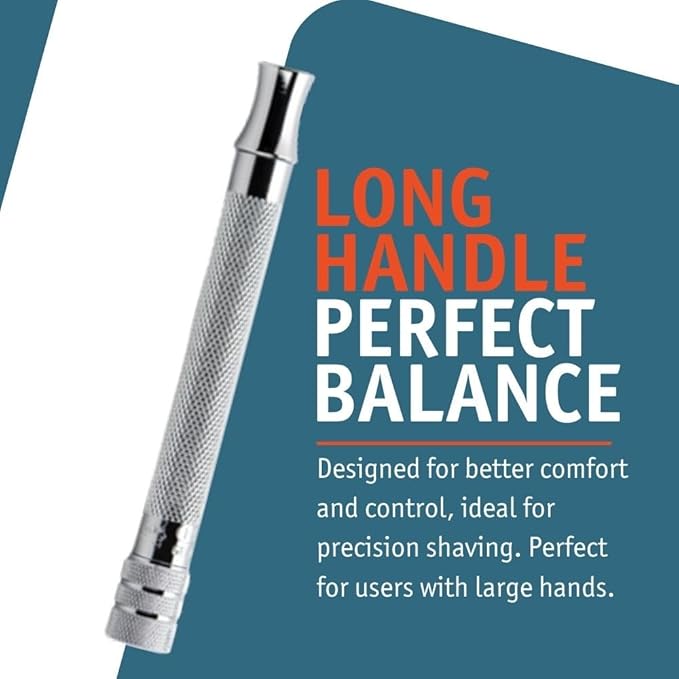MERKUR 23C Double Edge Safety Razor - Polished Chrome Long Knurled Brass Handle Made in Germany Plastic-Free Three Piece Design Closed Comb Straight Bar