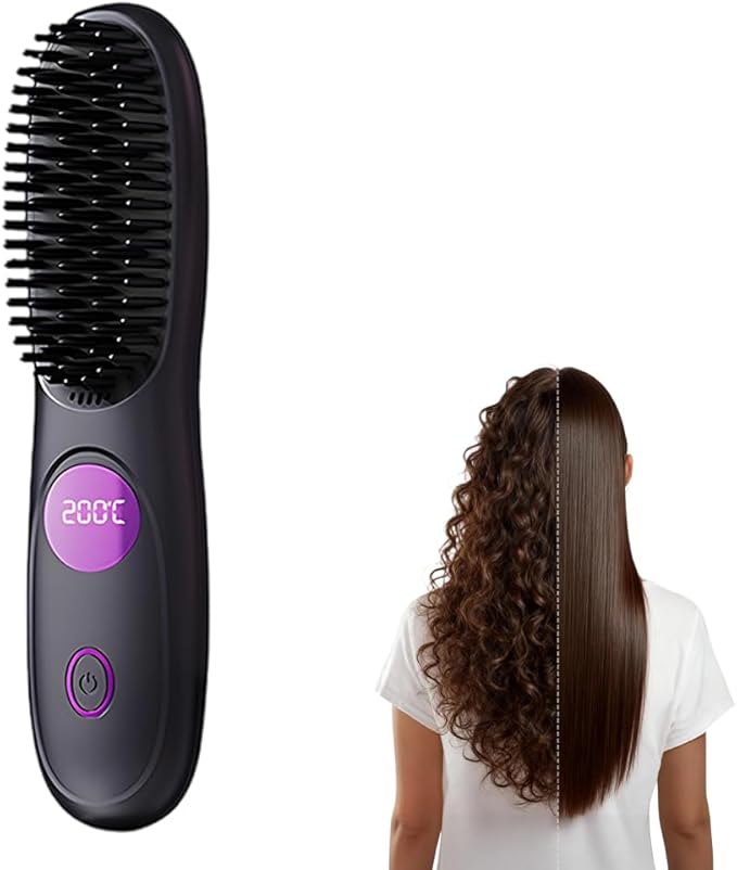 Cordless Hair Straightener Brush Fast Heating Portable Hair Straightening Comb with 3 Adjustable Temperatures &amp LED Display for Travel (Black)